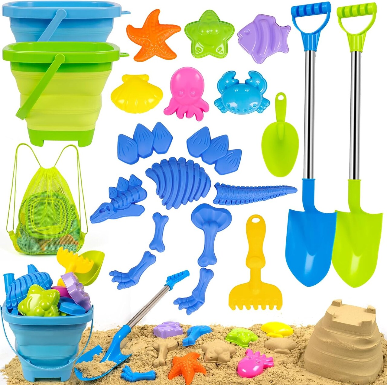 Summer Beach Sand Toys Set Includes Collapsible Buckets 2 Big Size Sand Shovels, Rake, Animal Sand Molds Toys with Mesh Bag, Sandbox Kit for Kids Age 3+(22 PCS)
